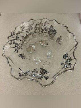 Glass Floral Serving Bowl - Clear with Silver Floral Accents